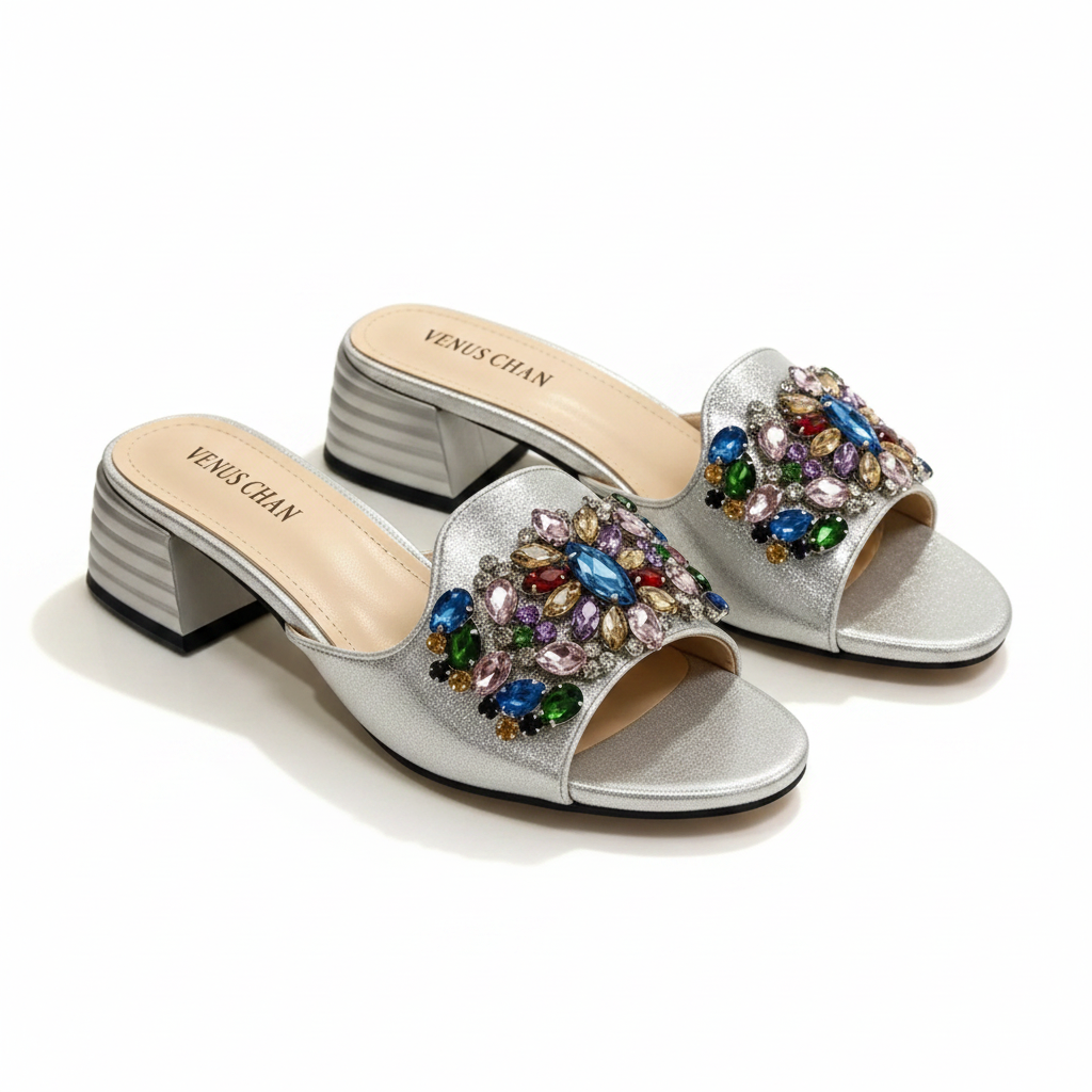 Elegant Designer Mules - Multicolor Rhinestone Open Toe Sandals