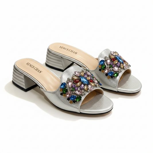 Elegant Designer Mules - Multicolor Rhinestone Open Toe Sandals