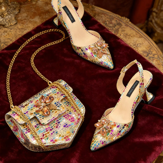 Gold Color Thin Heels Pointed Toe Crystal Design Shoes