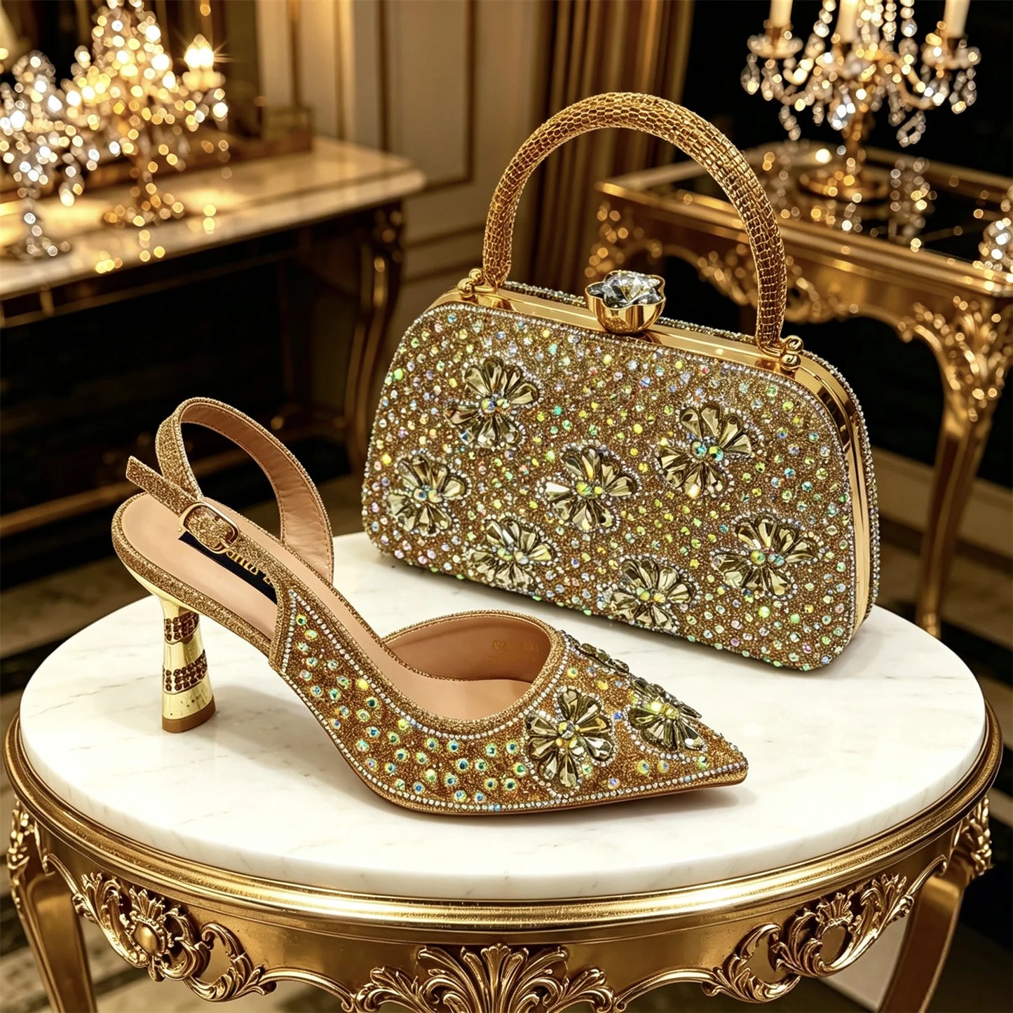 Gold Pointed Toe Rhinestone Heels & Bag Set, Sparkly