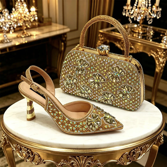 Gold Pointed Toe Rhinestone Heels & Bag Set, Sparkly