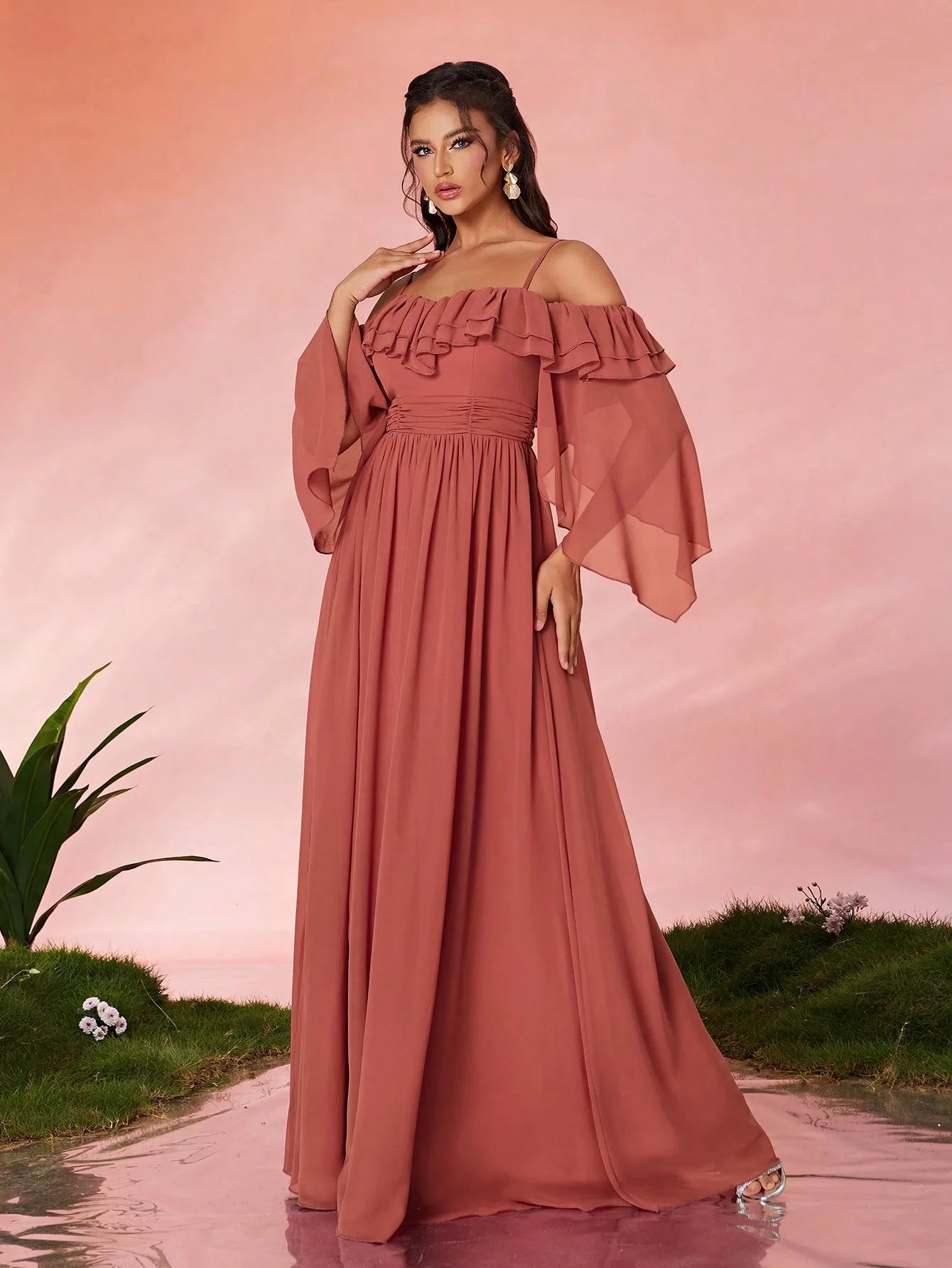One Shoulder Ruffle Chiffon Evening Gown