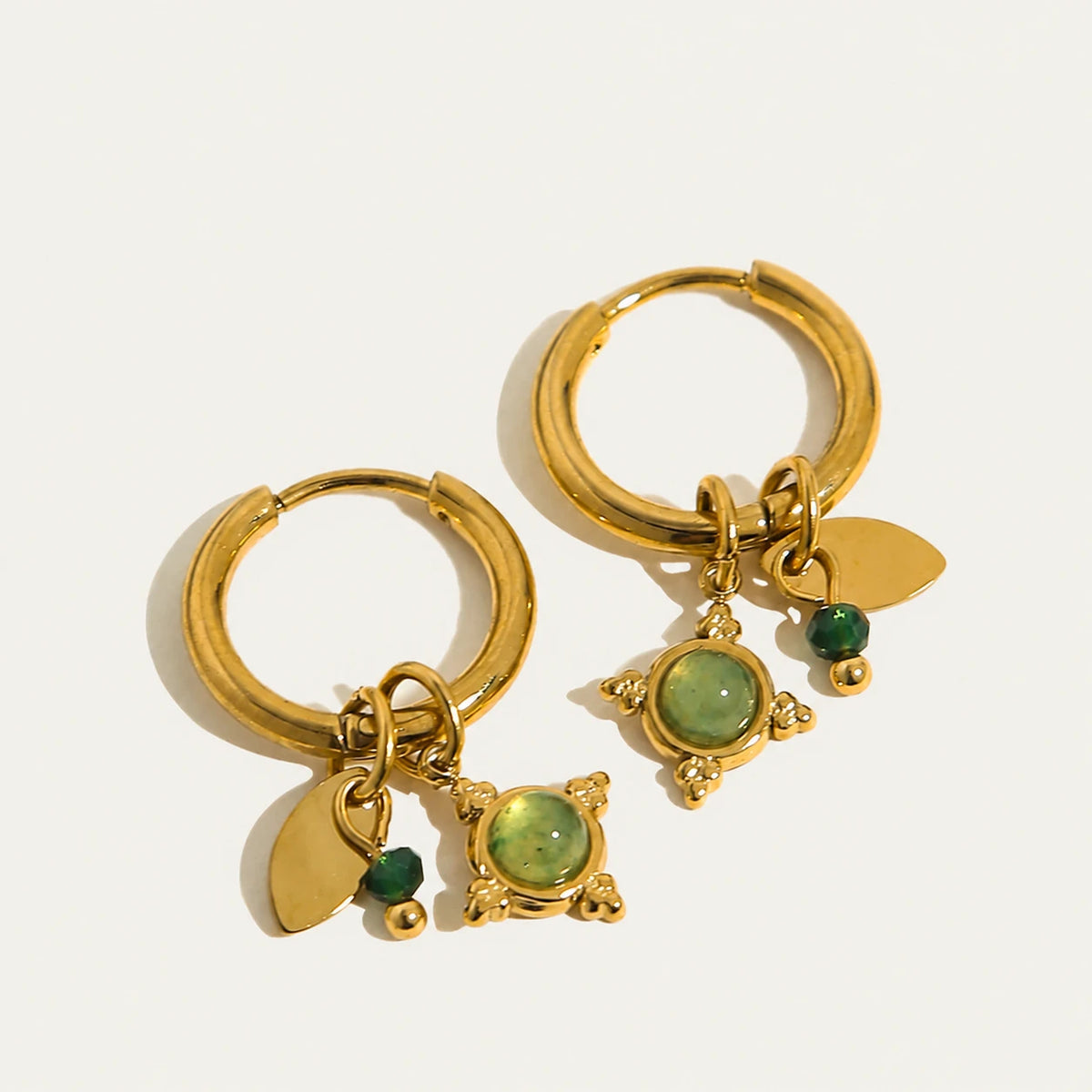 Green Stone Charm Hoop Earrings