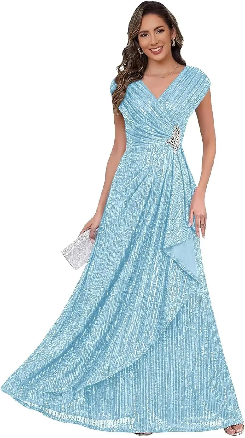 Sparkly Sequin A Line Mother of The Bride Dresses for Women Ruffles Long Formal Dress V Neck Evening Party Gown Dress