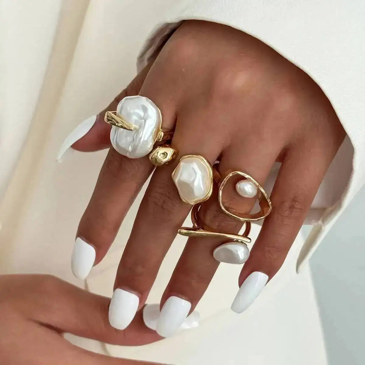 Baroque Imitation Pearl Open Rings Set Elegant Irregular Gold