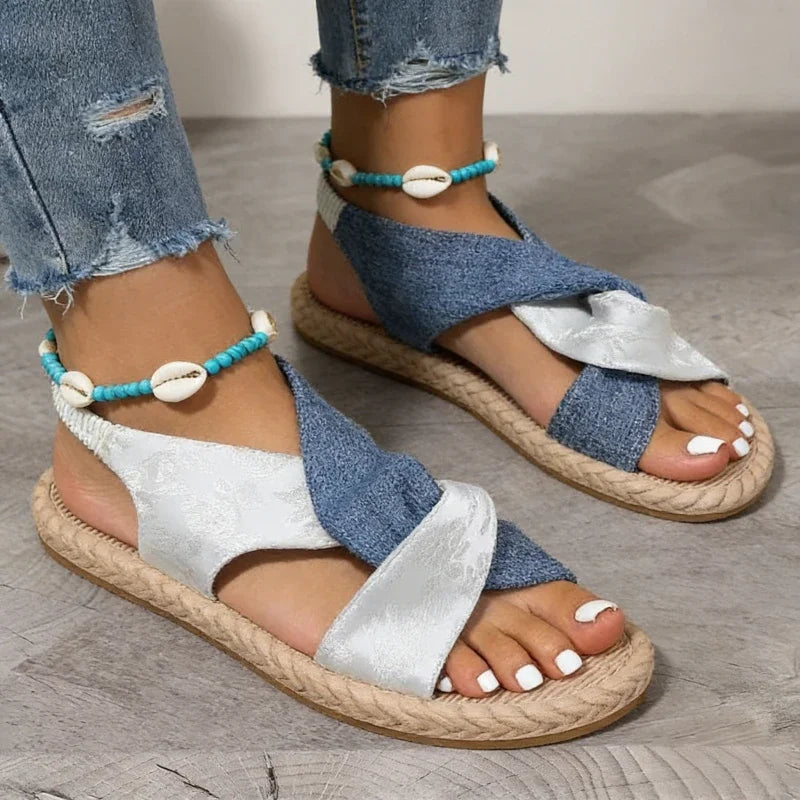 Summer Bohemian Style Sandals Comfortable Linen Cross-Tie Beach Lightweight