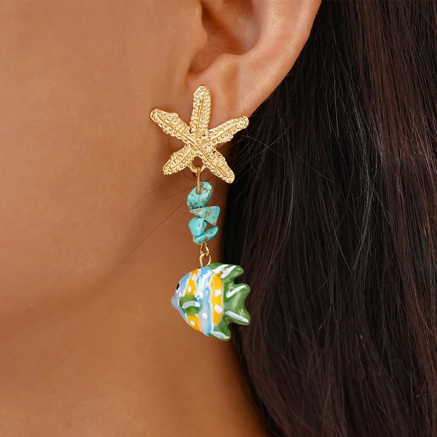 Colorful Ceramic Fish Drop Earrings Starfish Stone Beaded Earrings