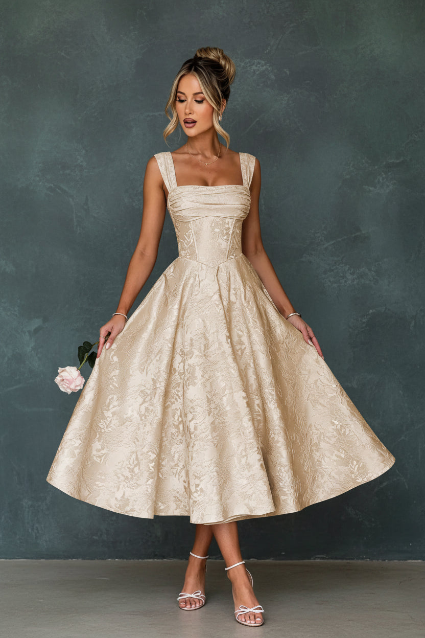 Cap Sleeve Jacquard Prom Dresses for Teens Floral Satin
