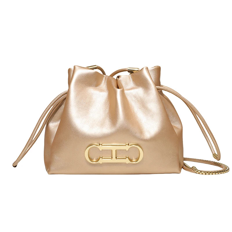 Drawstring Bucket Bag Crossbody Bag with Gold Chain PU