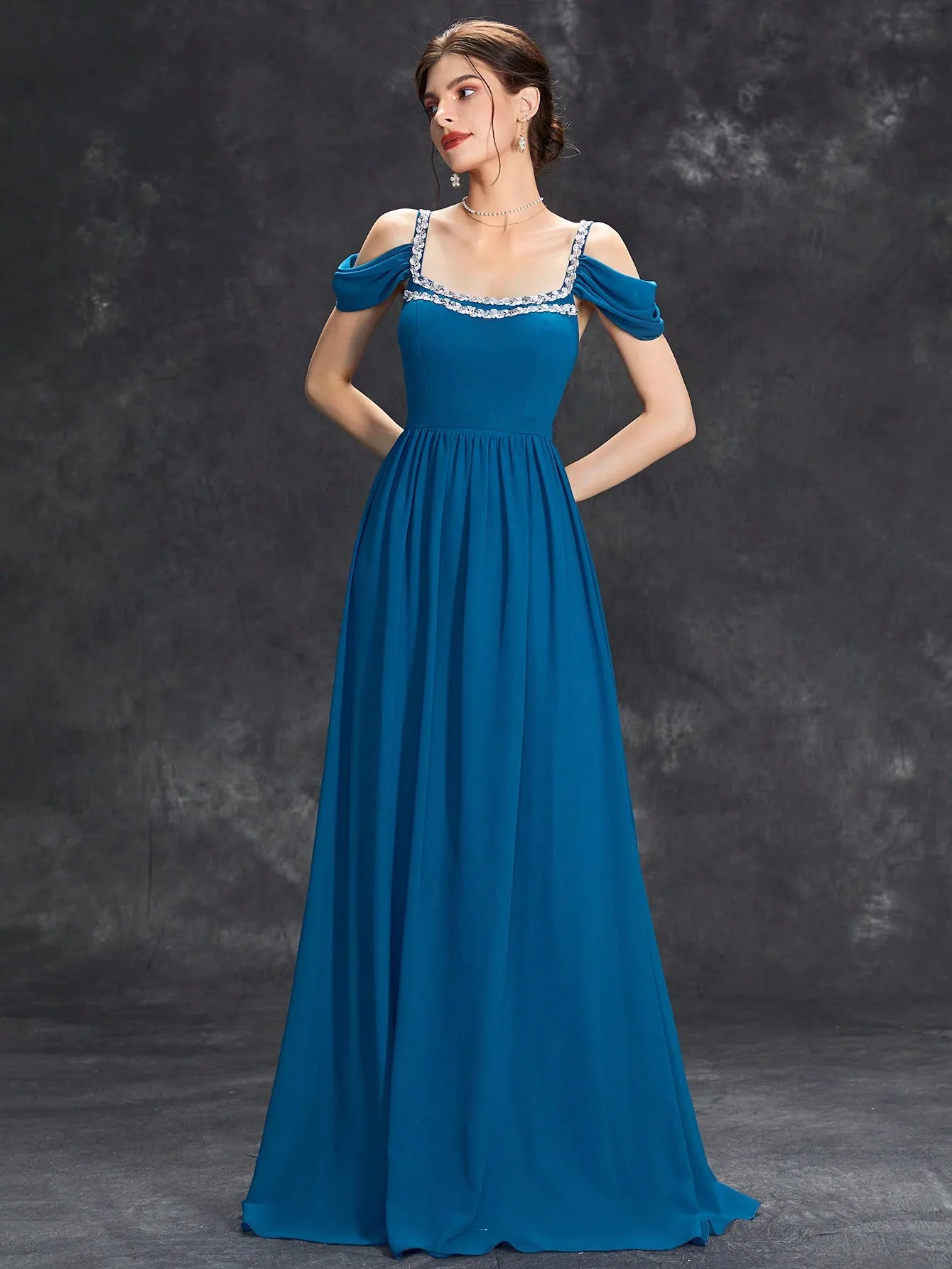 Halter Sequin Pleated Evening Dress