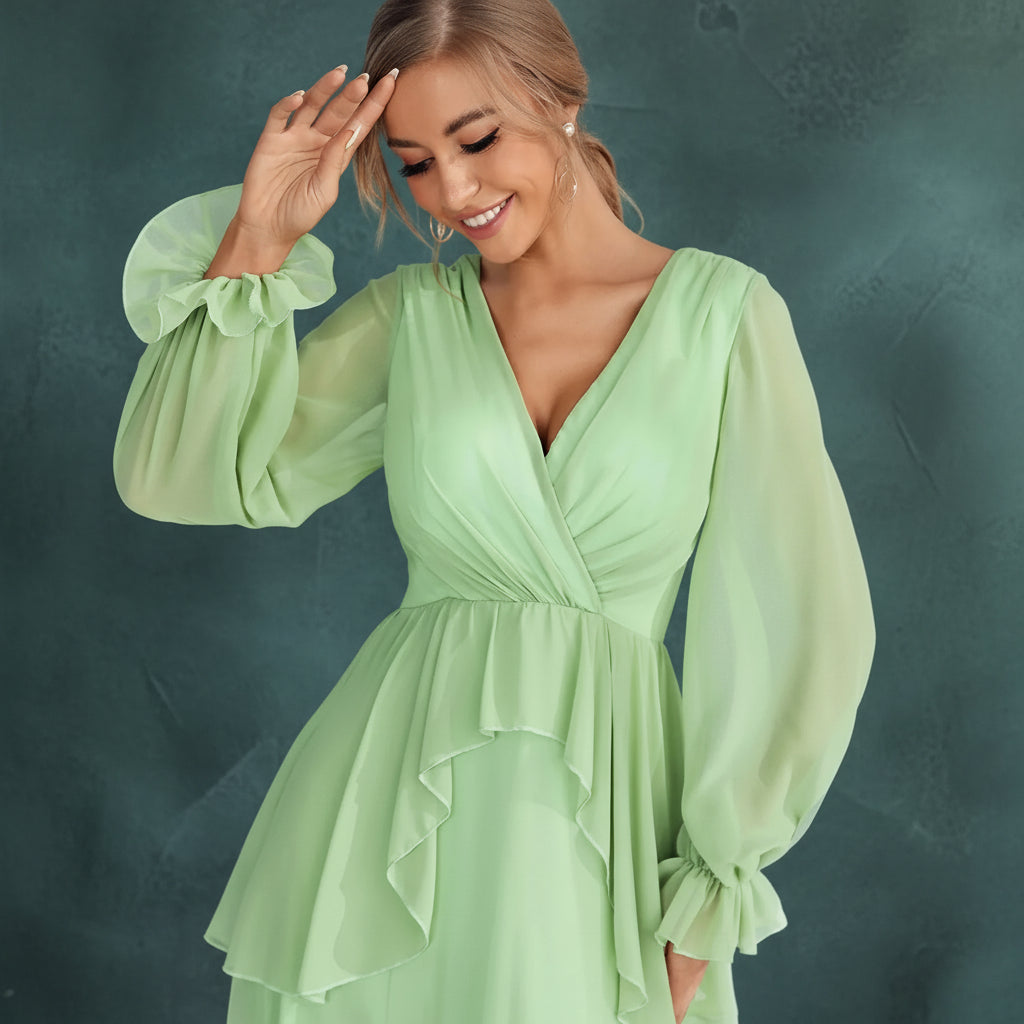 V-Neck Long Sleeve Chiffon Evening Dress