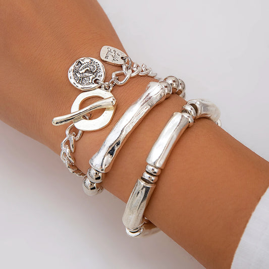 4Pcs/Set Vintage OT Buckle Coin Pendant Bracelet on Hand