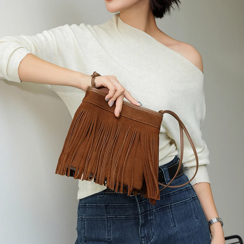 Suede Fringe Bucket Bag