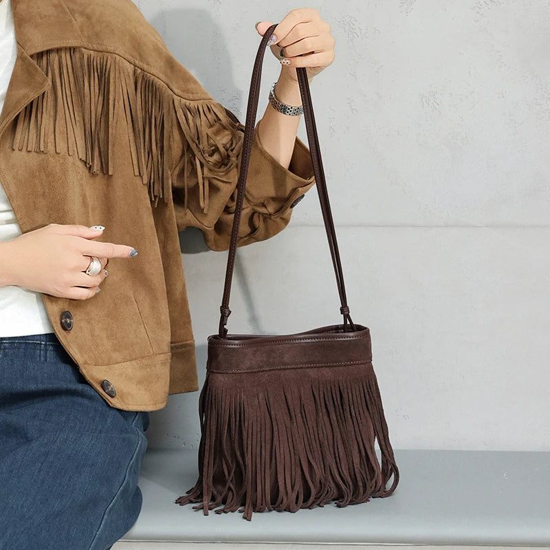Suede Fringe Bucket Bag