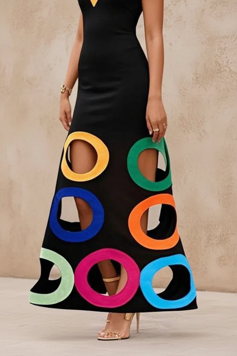 Colorful Circle Cutout Maxi Dress V Neck Short Sleeve