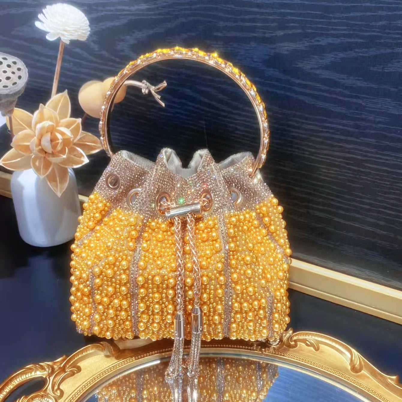 Multicolor Rhinestone Pearl Bucket Bag  luxury bags designers Ring Handle Drawstring Handle Evening Clutch For Wedding Party