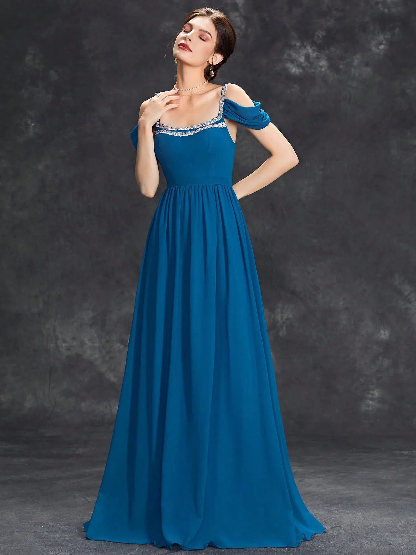 Halter Sequin Pleated Evening Dress
