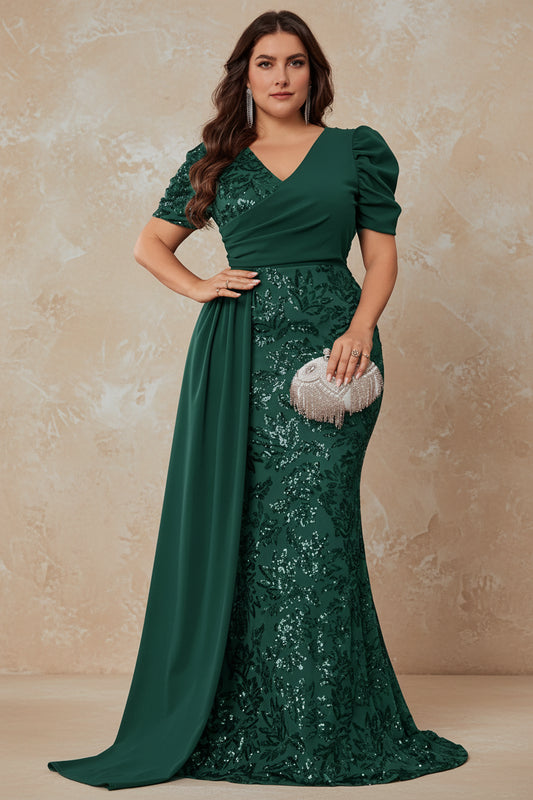 Plus Size Elegant V-neck Sequins Evening Dress Women Short Sleeves Mermaid Formal Luxury Party Streamer Prom Dress