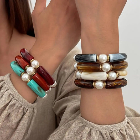 Salircon 7 Colors Vintage Imitation Pearl Elastic Rope Bangles Women Boho Exaggerated Geometric Acrylic Resin Bracelets Jewelry