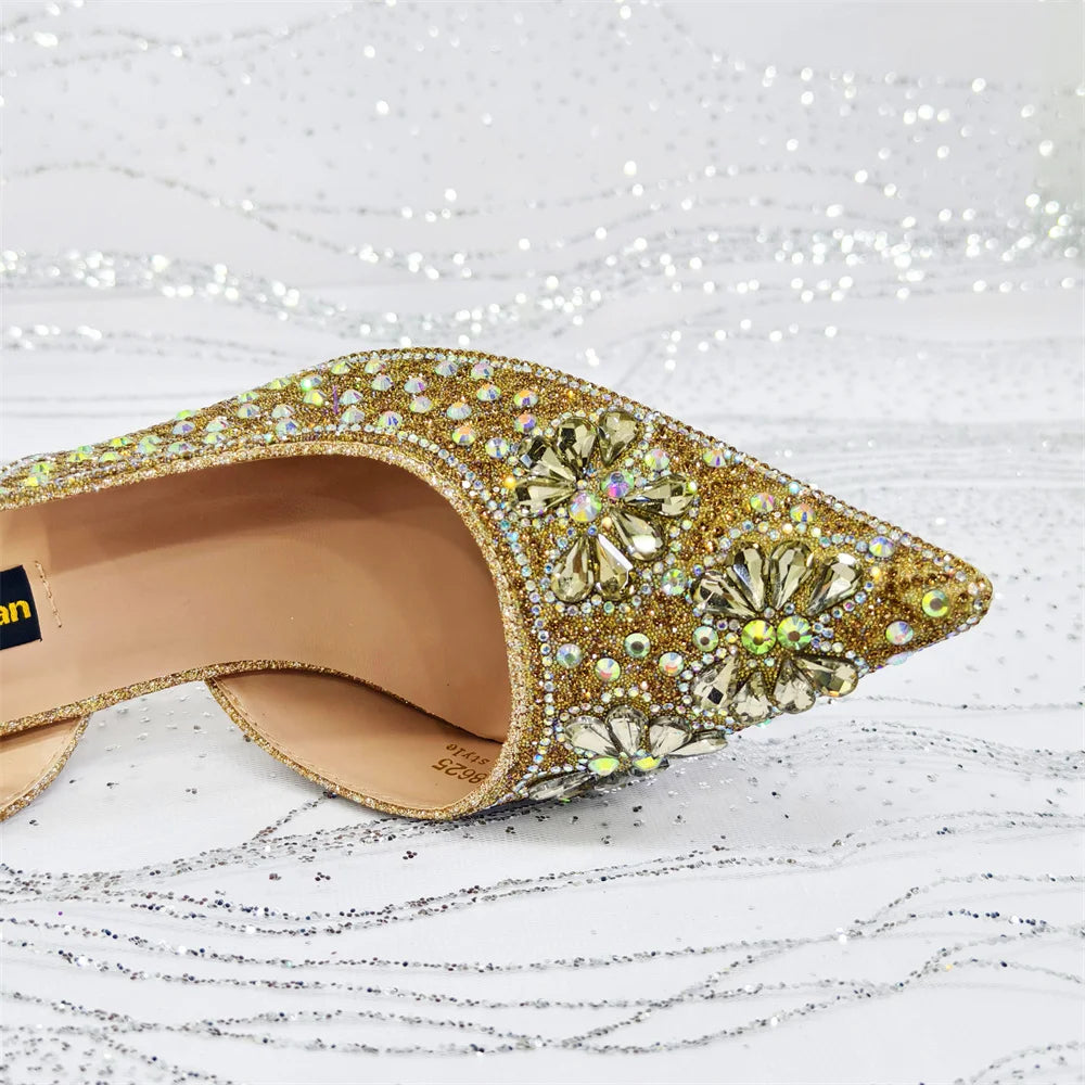 Gold Pointed Toe Rhinestone Heels & Bag Set, Sparkly