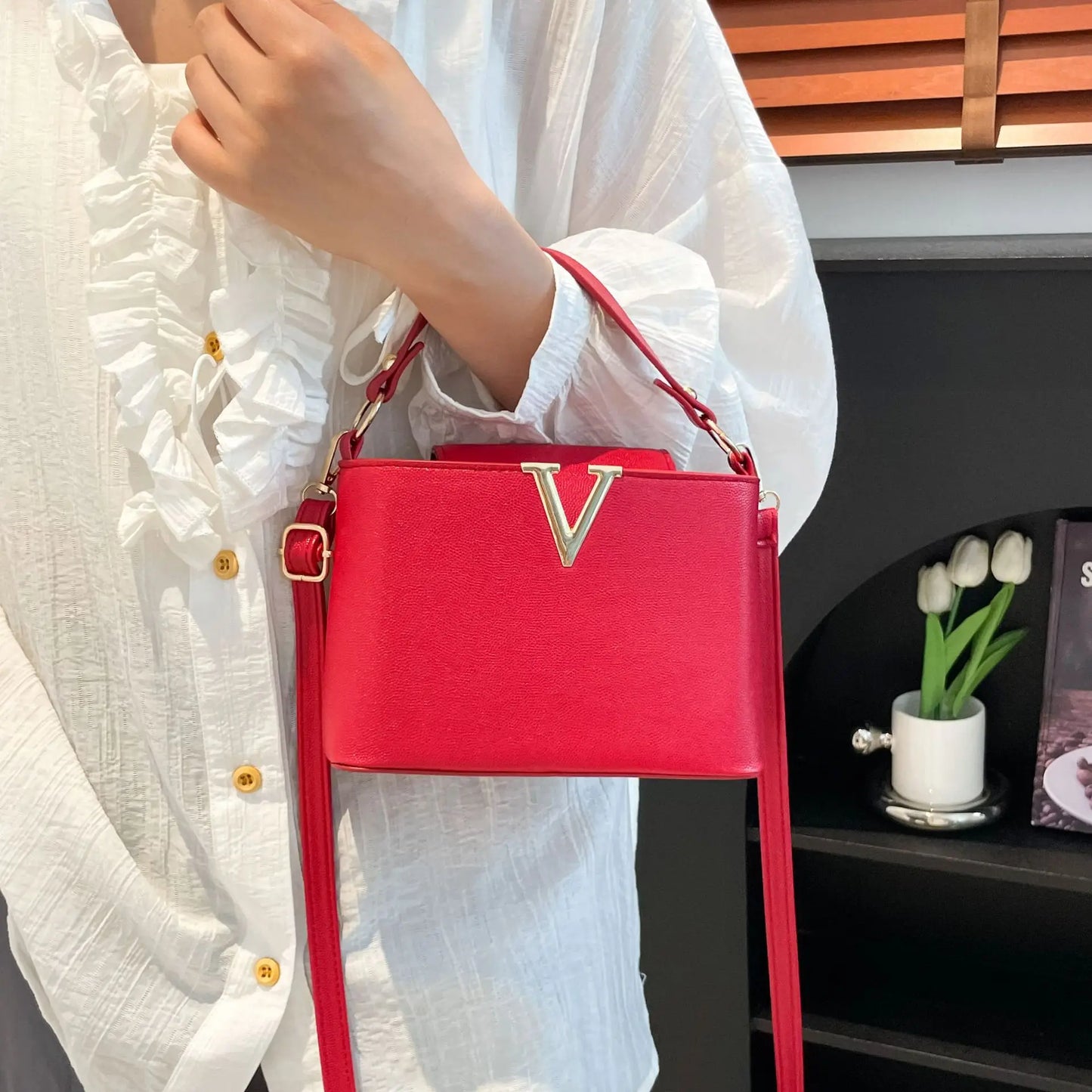 V-Shaped PU Leather Bucket Bag