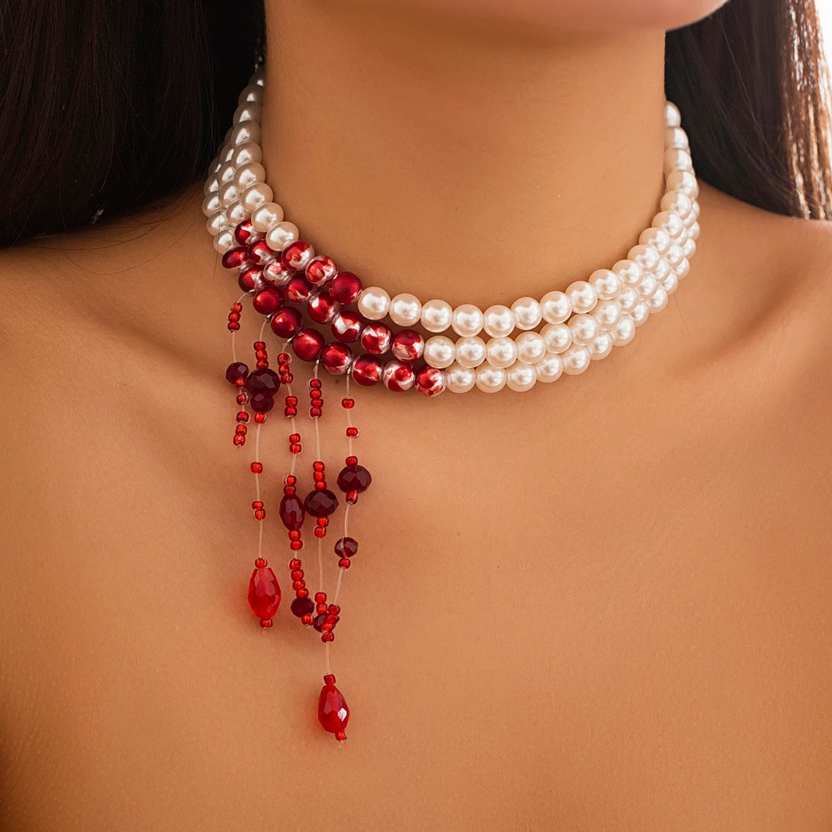 Gothic Red Crystal Tassel Necklace