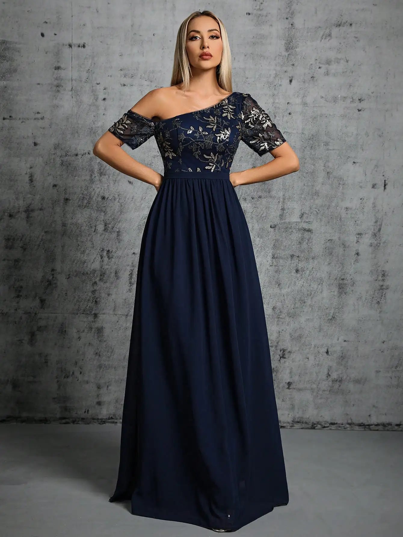 One Shoulder Chiffon Sequin Maxi Dress