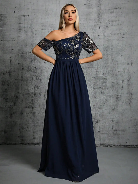 One Shoulder Chiffon Sequin Maxi Dress