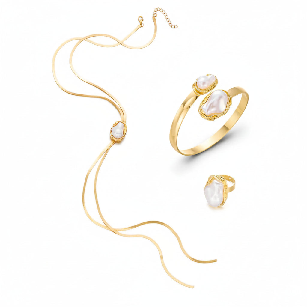 Baroque Pearl Necklace, Cuff & Ring Set