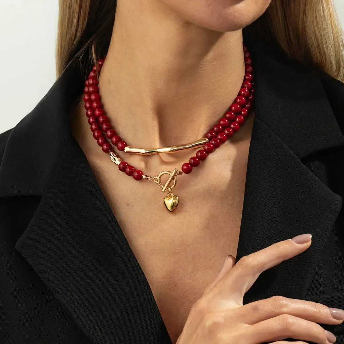 Red Heart Beaded Choker Necklace
