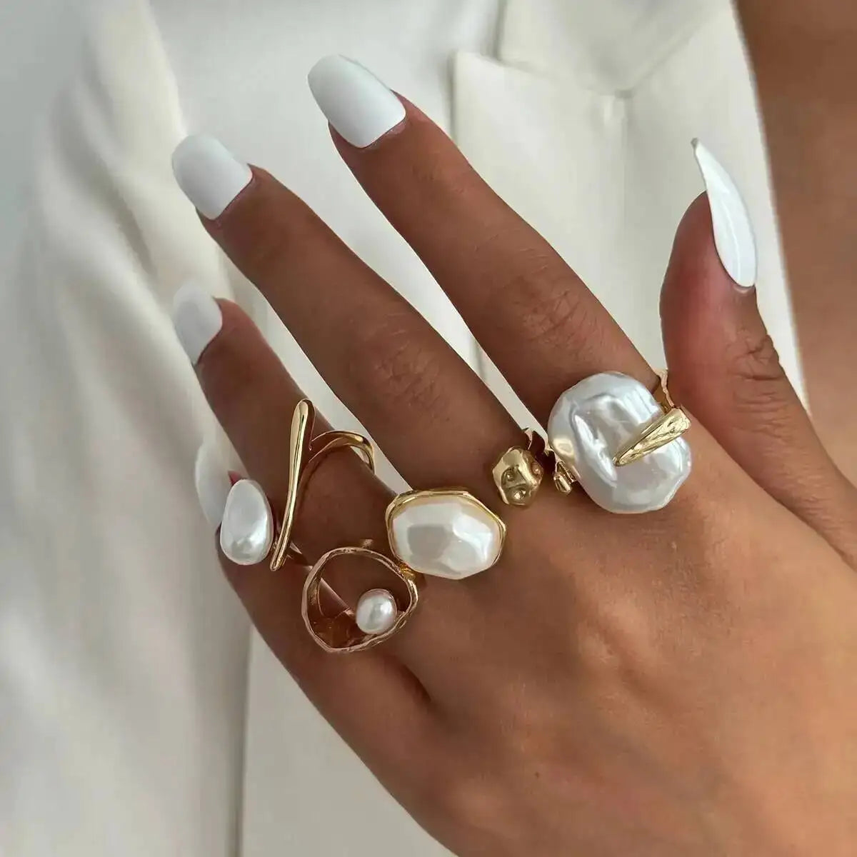 Baroque Imitation Pearl Open Rings Set Elegant Irregular Gold