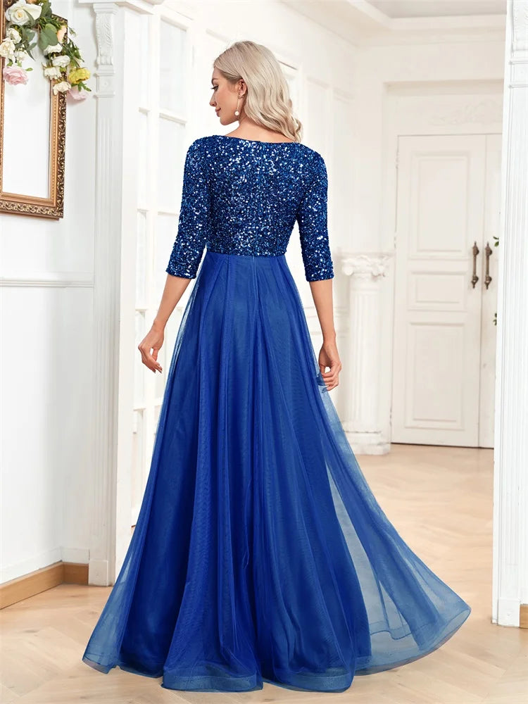 V-Neck Tulle Floor Length Evening Dress