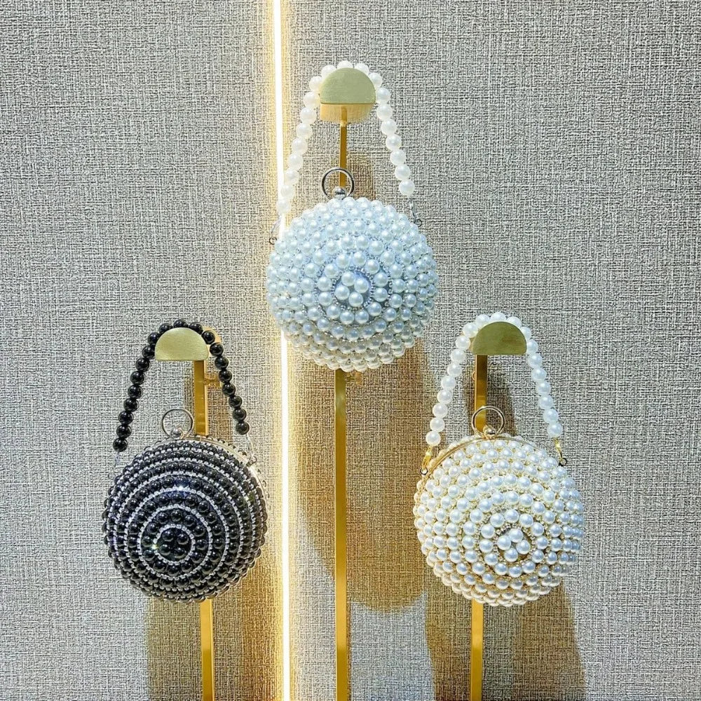 Round Pearl Clutch Purse Handbag Luxury Elegant Evening Bag Ring Handle For Women Bride Bridesmaid Wedding Party Handbag Purses