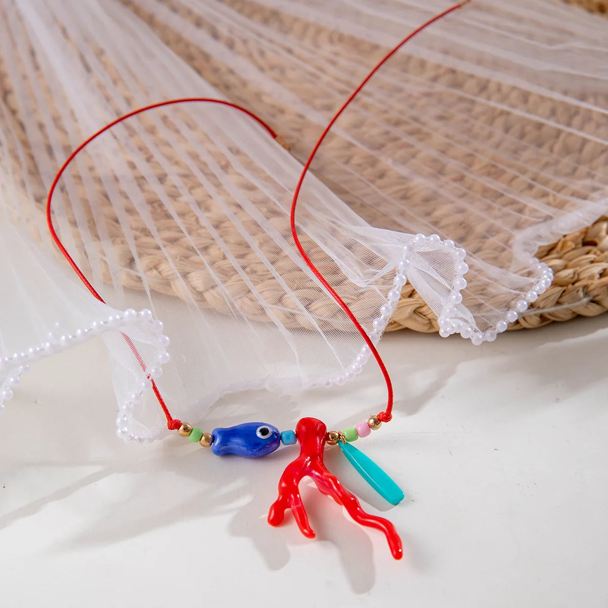 New Ocean Fish Coral Pendant Necklace Boho Colorful Handmade Braided Rope Adjustable Women Vacation Party Jewelry
