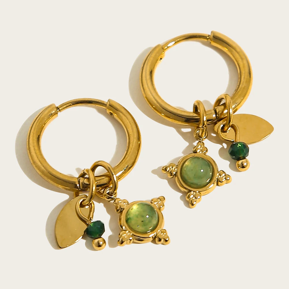 Green Stone Charm Hoop Earrings