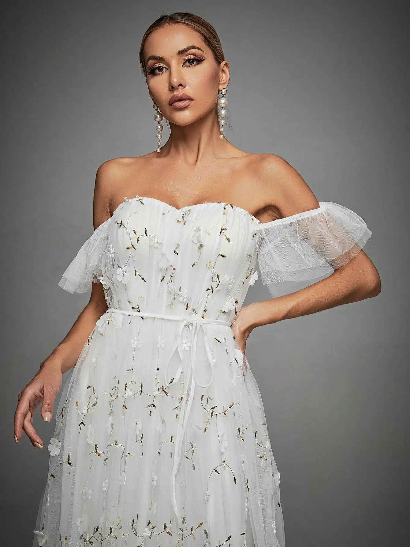 3D Embroidered Lace Evening Gown