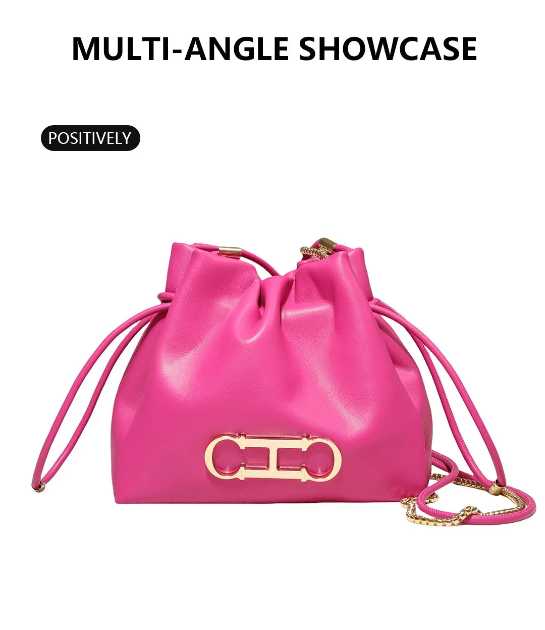Drawstring Bucket Bag Crossbody Bag with Gold Chain PU