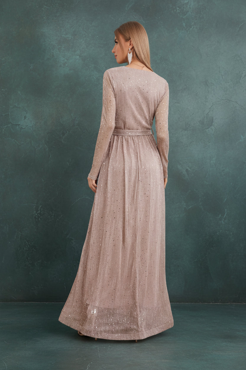 Glitter Mesh Long Sleeve Evening Dress