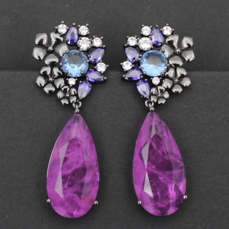 Colorful Purple Green Dangle Earrings for Women Luxury Jewelry Wedding Evening Party Big Drop Earrings Elegant Female Gift