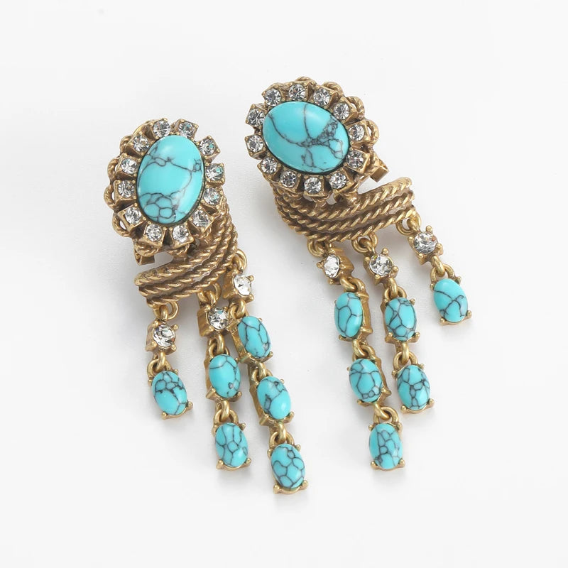 Blue Natural Stone Vintage Turquoise Earring For Lady Egg Design Pendant Tassel Beads Jewelry Luxury Valentine's Day Retro Gift
