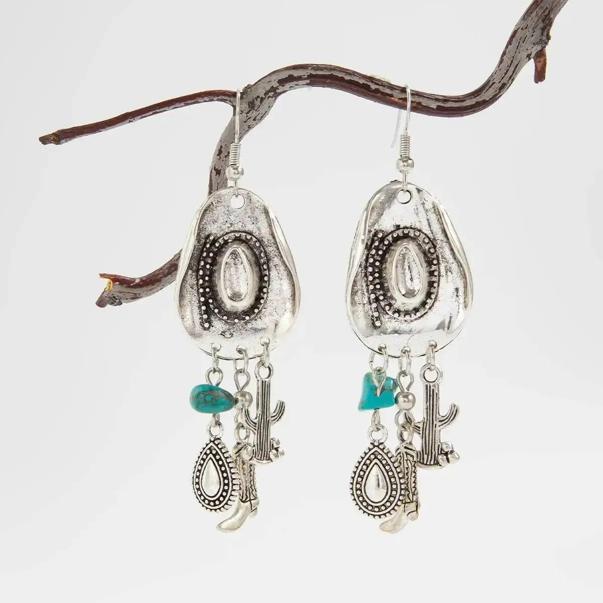 Vintage Cowboy Hat Boots Cactus Pendant Earrings Ethnic Waterdrop