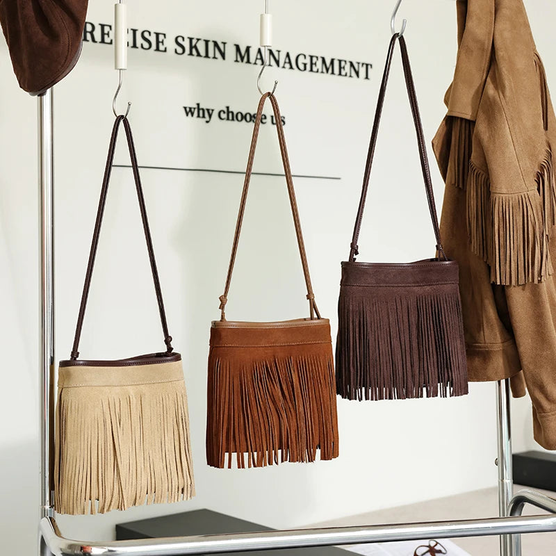 Suede Fringe Bucket Bag