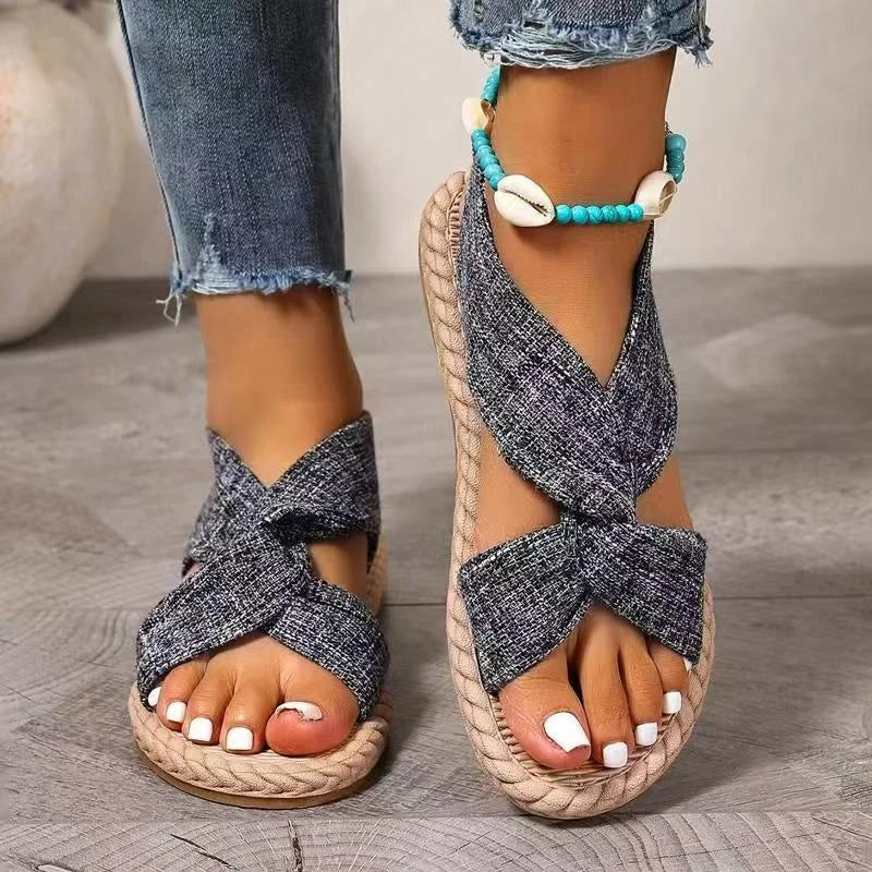 Summer Bohemian Style Sandals Comfortable Linen Cross-Tie Beach Lightweight