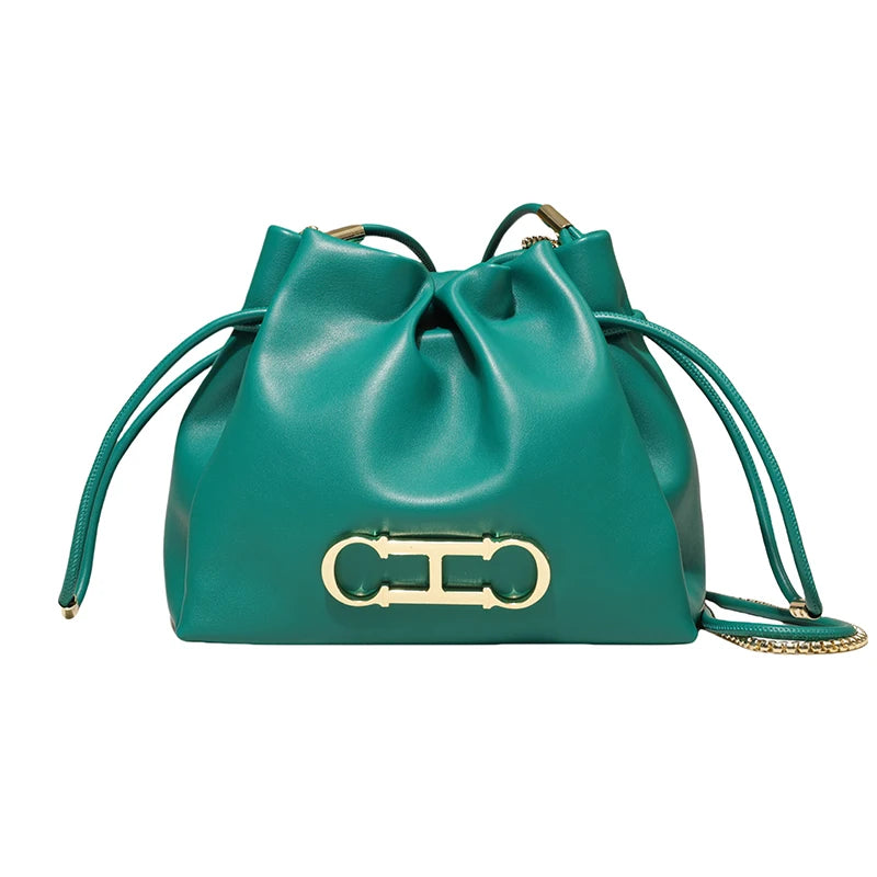 Drawstring Bucket Bag Crossbody Bag with Gold Chain PU