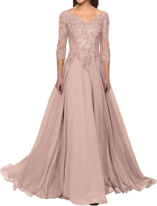 Elegant V Neck Lace Applique 3/4 Sleeve Mother of The Bride Dresses Chiffon A-Line Formal Evening Party Gowns