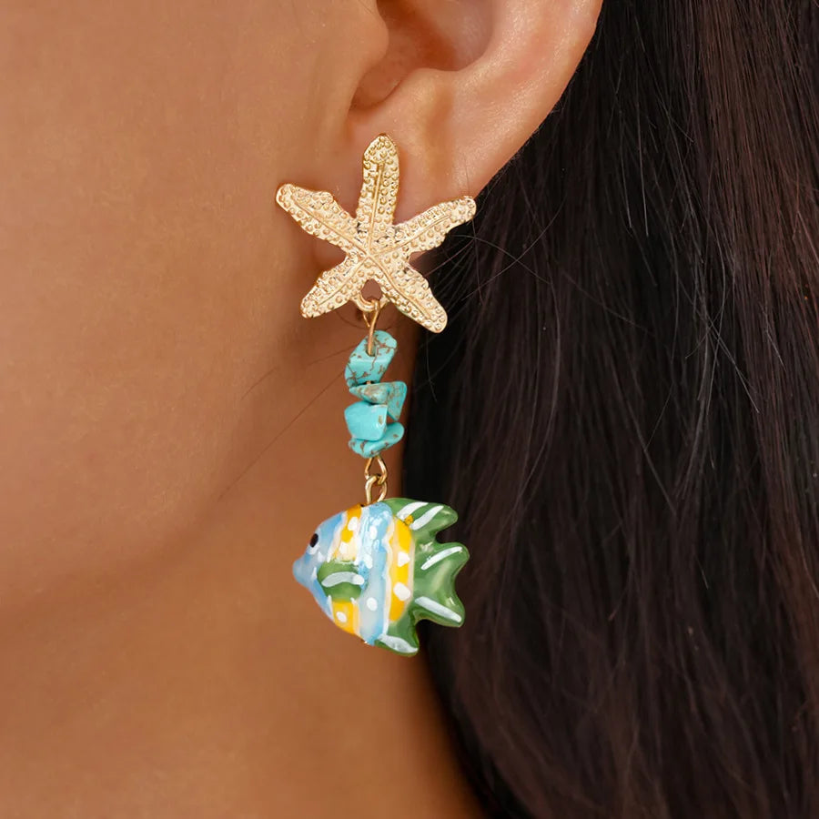 Colorful Ceramic Fish Drop Earrings Starfish Stone Beaded Earrings