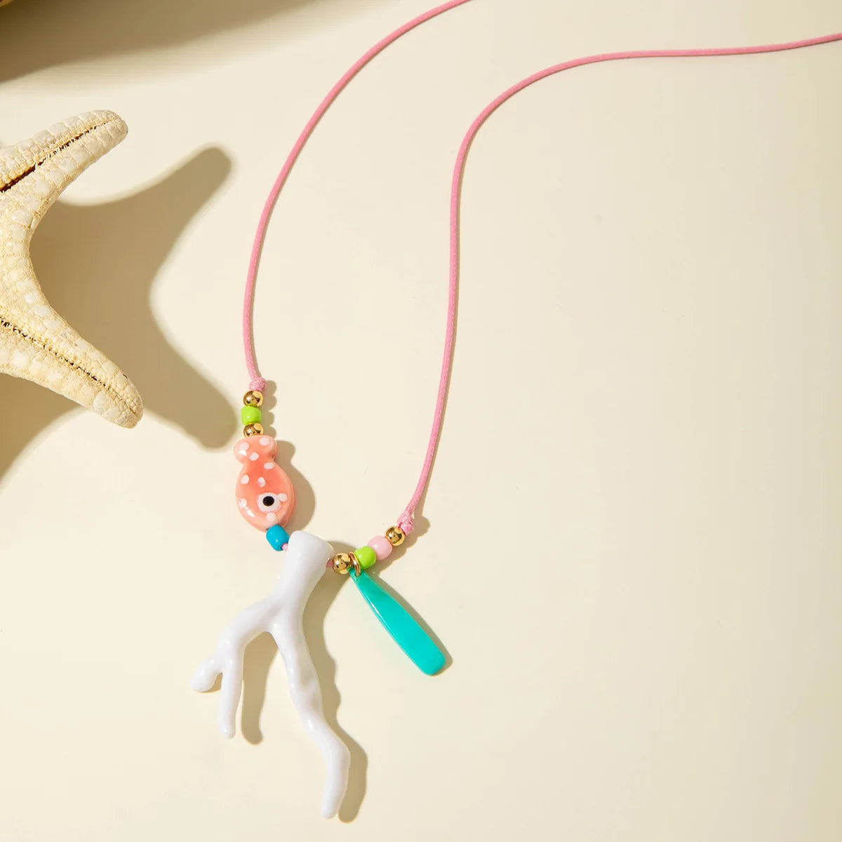New Ocean Fish Coral Pendant Necklace Boho Colorful Handmade Braided Rope Adjustable Women Vacation Party Jewelry