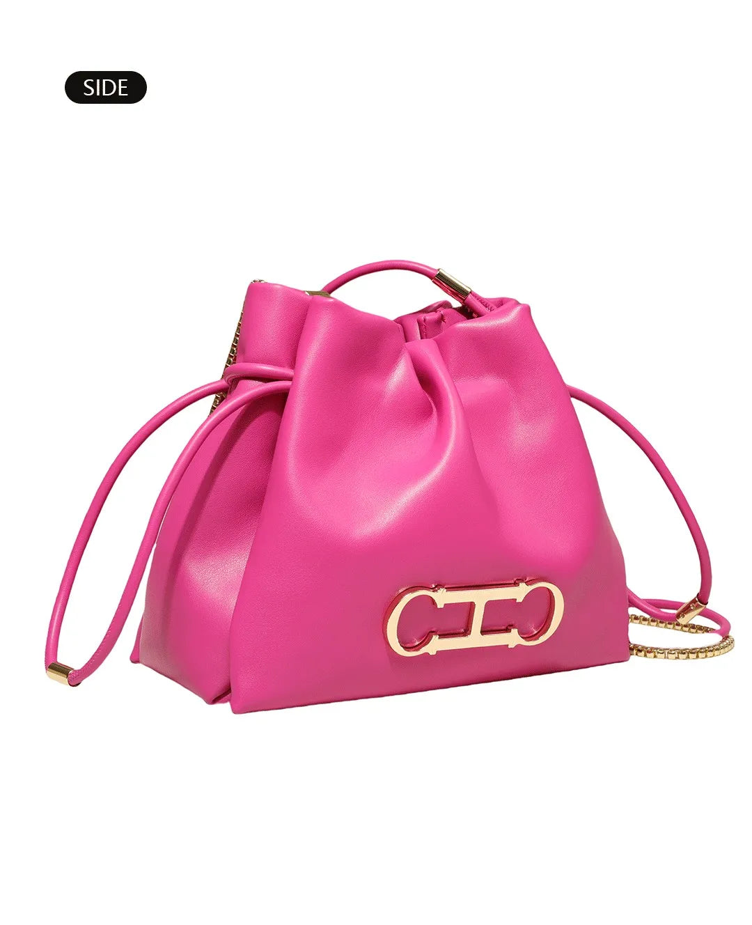 Drawstring Bucket Bag Crossbody Bag with Gold Chain PU