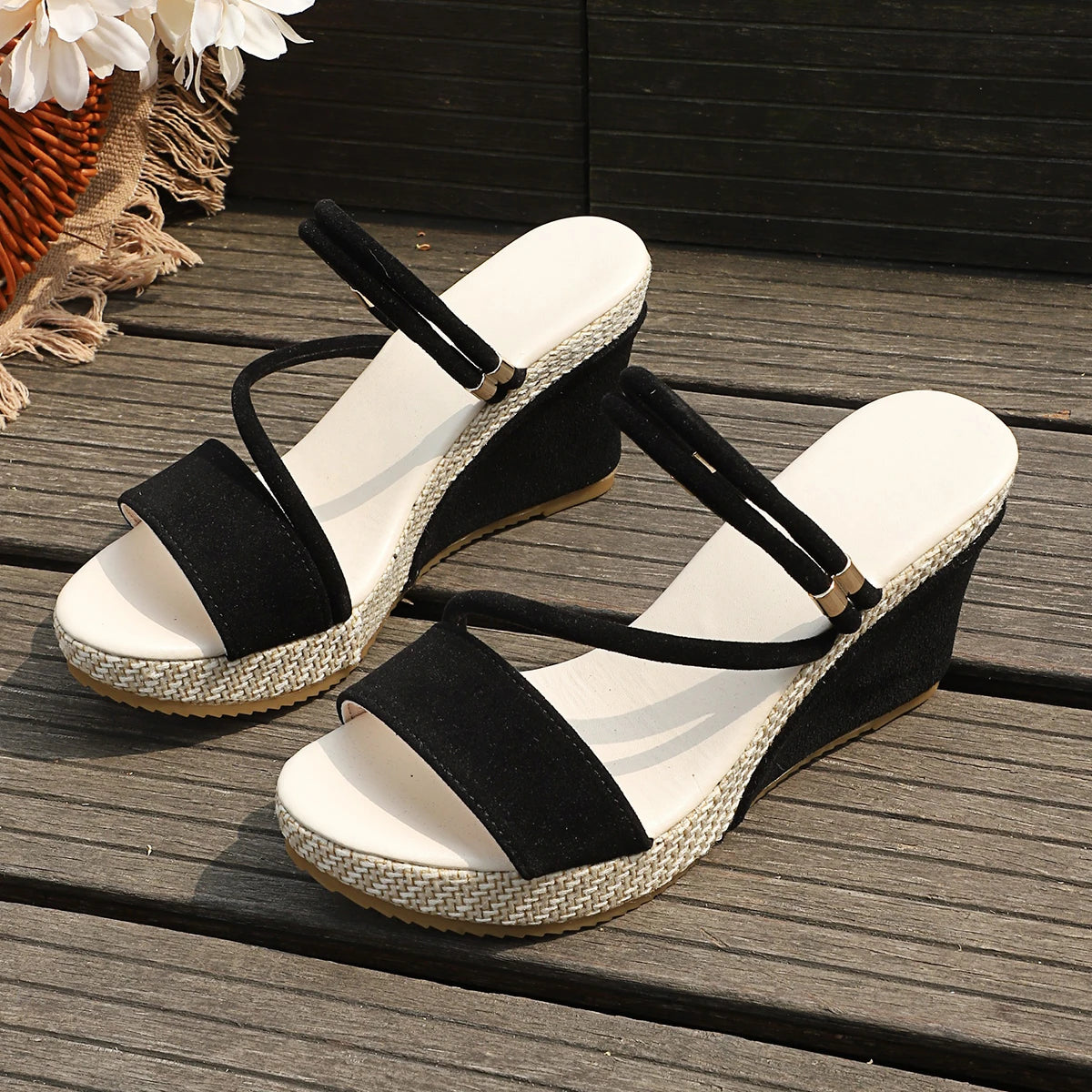 Leather Summer Wedge Female Large Size Mid-heeled Platform Black Comfortable Retro Sandals
