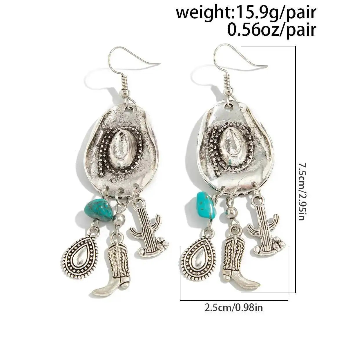 Vintage Cowboy Hat Boots Cactus Pendant Earrings Ethnic Waterdrop